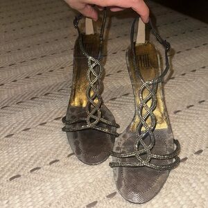 Never Worn - Pelle Moda Grey and Rhinestone Strappy Heels
